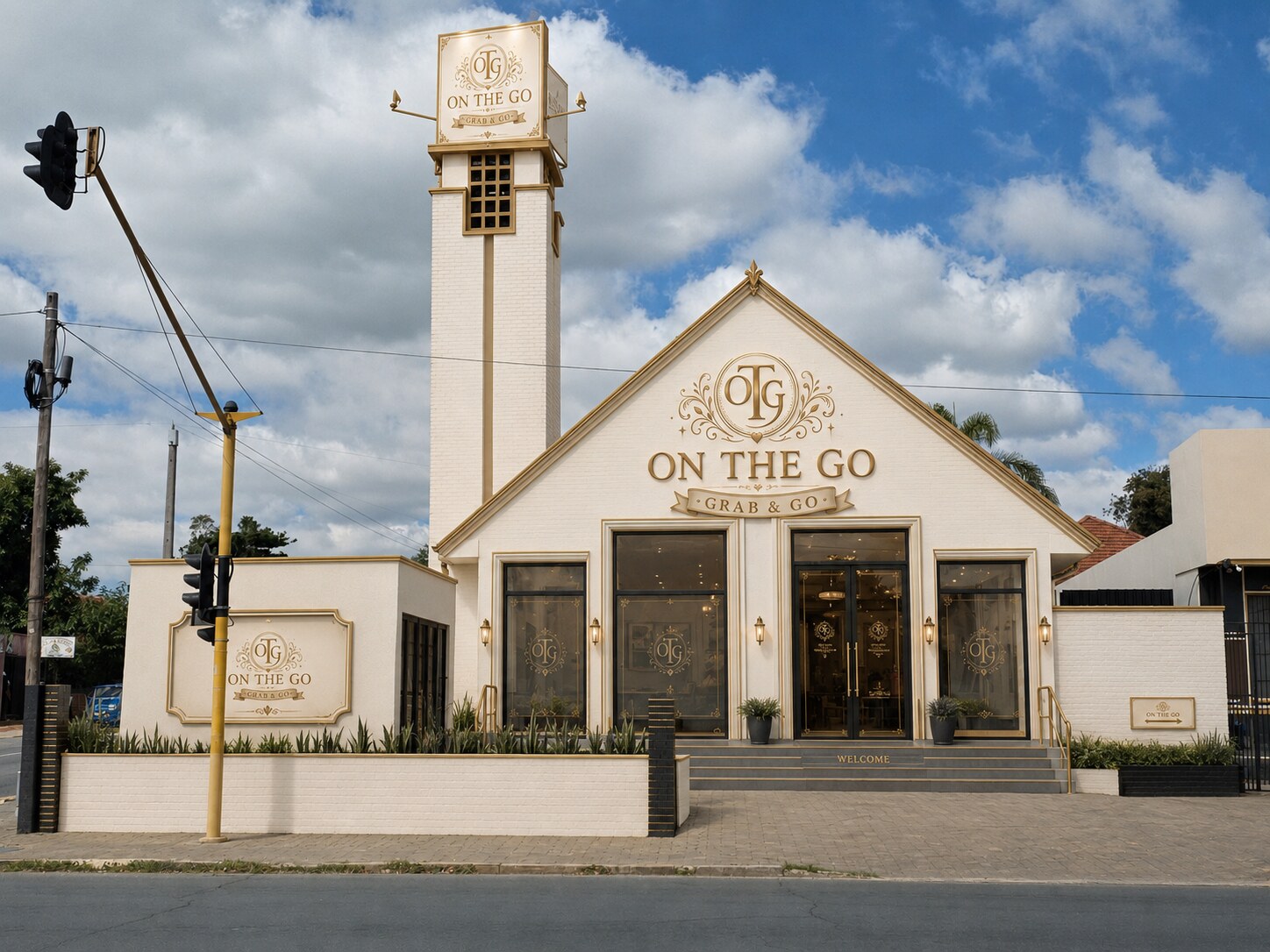On The Go premium flagship storefront with pink and gold facade
