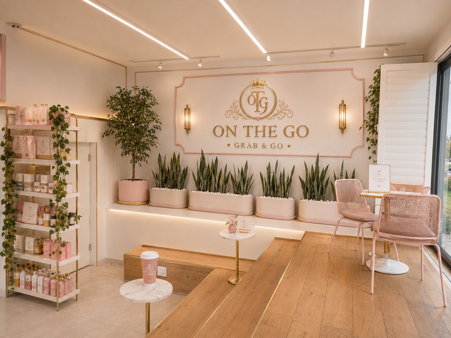 Elegant blush and gold interior of On The Go store