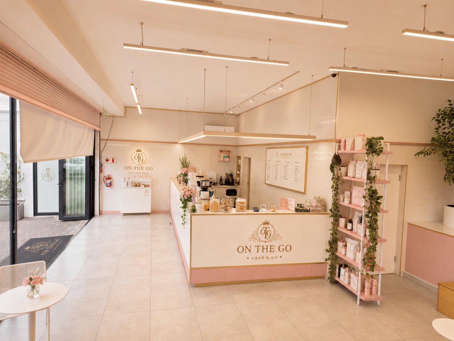 Bright blush interior with product shelving